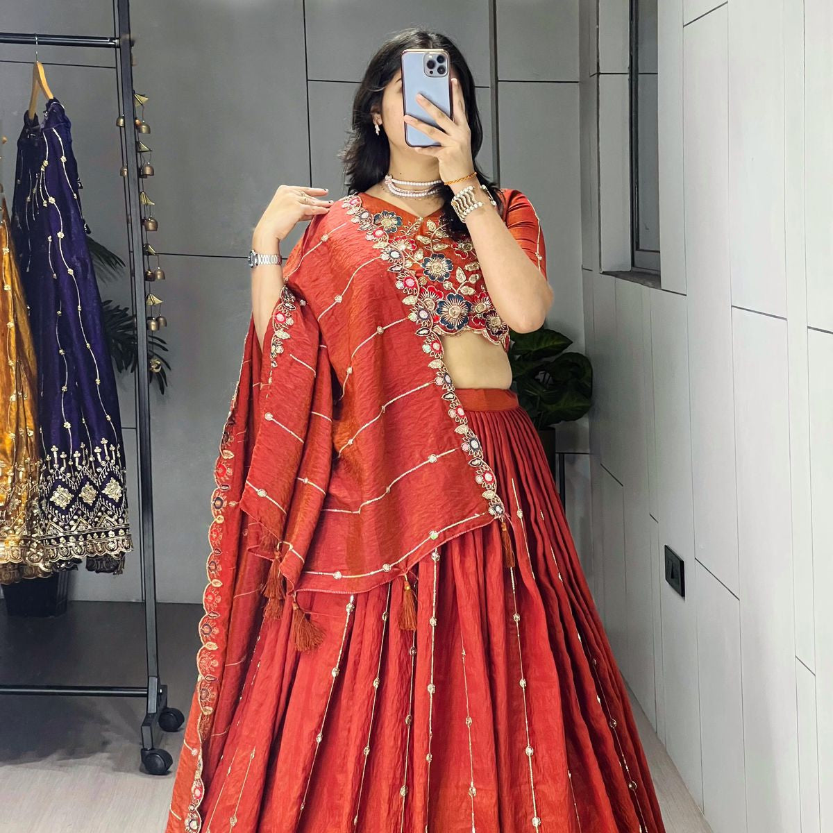 Rust Red Hand-Embroidered Lehenga Choli Set for Weddings & Festive Wear