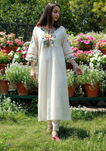 Women's White Embroidered A-Line Kurta Set