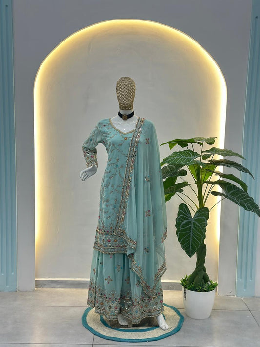 Pakistani Style Embroidered Sharara Suit with Dupatta | Designer Party Wear Salwar Suit | Indian Festive Outfit