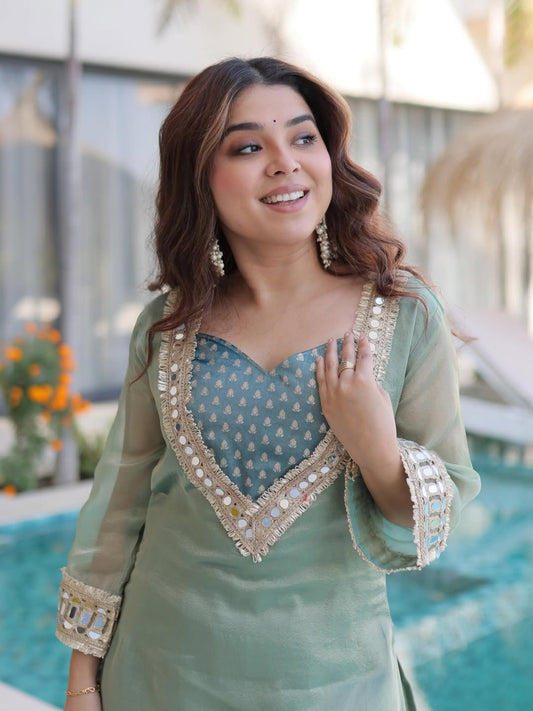 Designer ReadyMade Kurti Pant Set with Batwa | Pakistani Style Top Pant Suit | Party Wear Ethnic Co-Ord Set