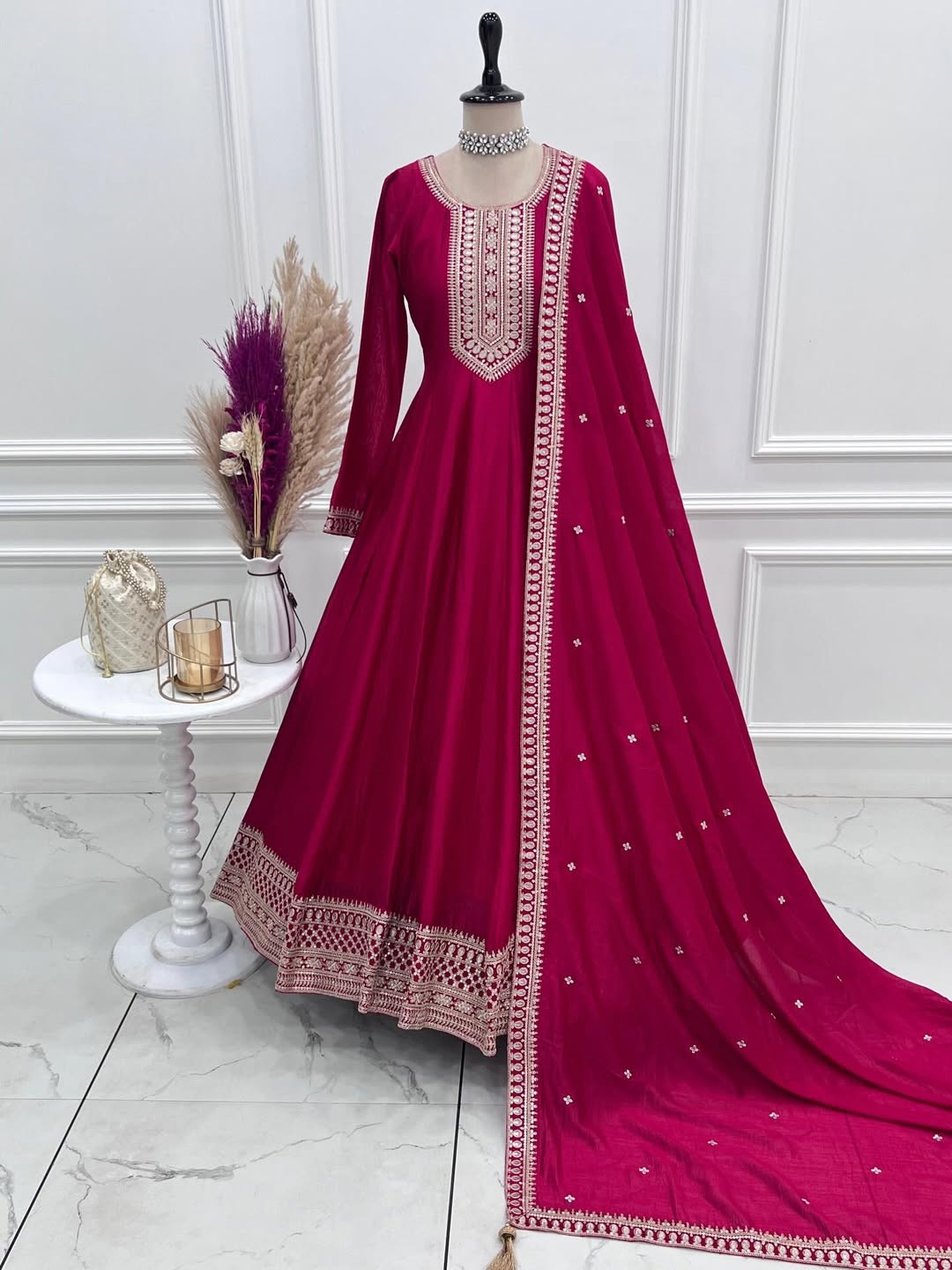 Designer Wine Anarkali Suit with Dupatta | Embroidered Party Wear Ethnic Dress for Women