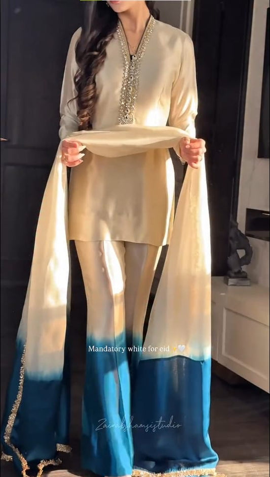 Elegant Ivory & Teal Ombre Kurta Set with Embellished Neckline – 3 Piece Eid & Wedding Wear Suit for Women