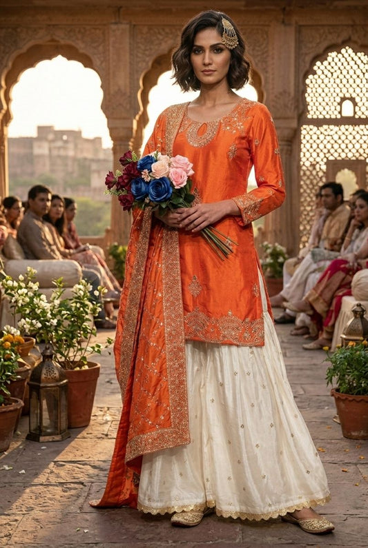 Embroidered Orange Silk Kurta & White Flared Gharara Set