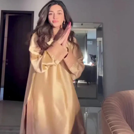 Elegant Gold Satin Kurta Set for Women – Festive & Wedding Wear Traditional 2 Piece Ethnic Outfit