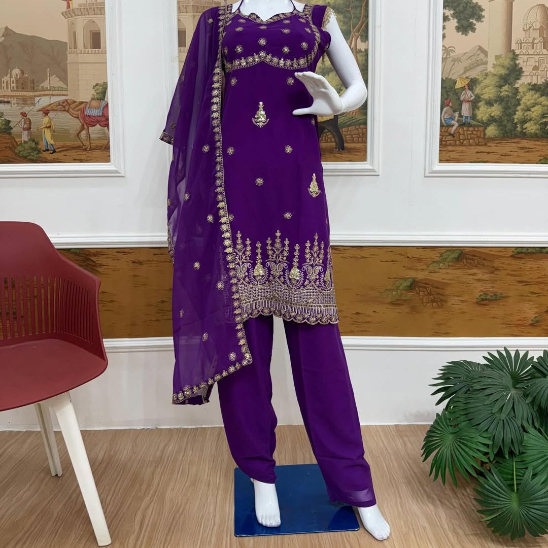 Purple Embroidered Kurti Pant Set with Dupatta | Designer Party & Festive Wear 3-Piece Suit for Women