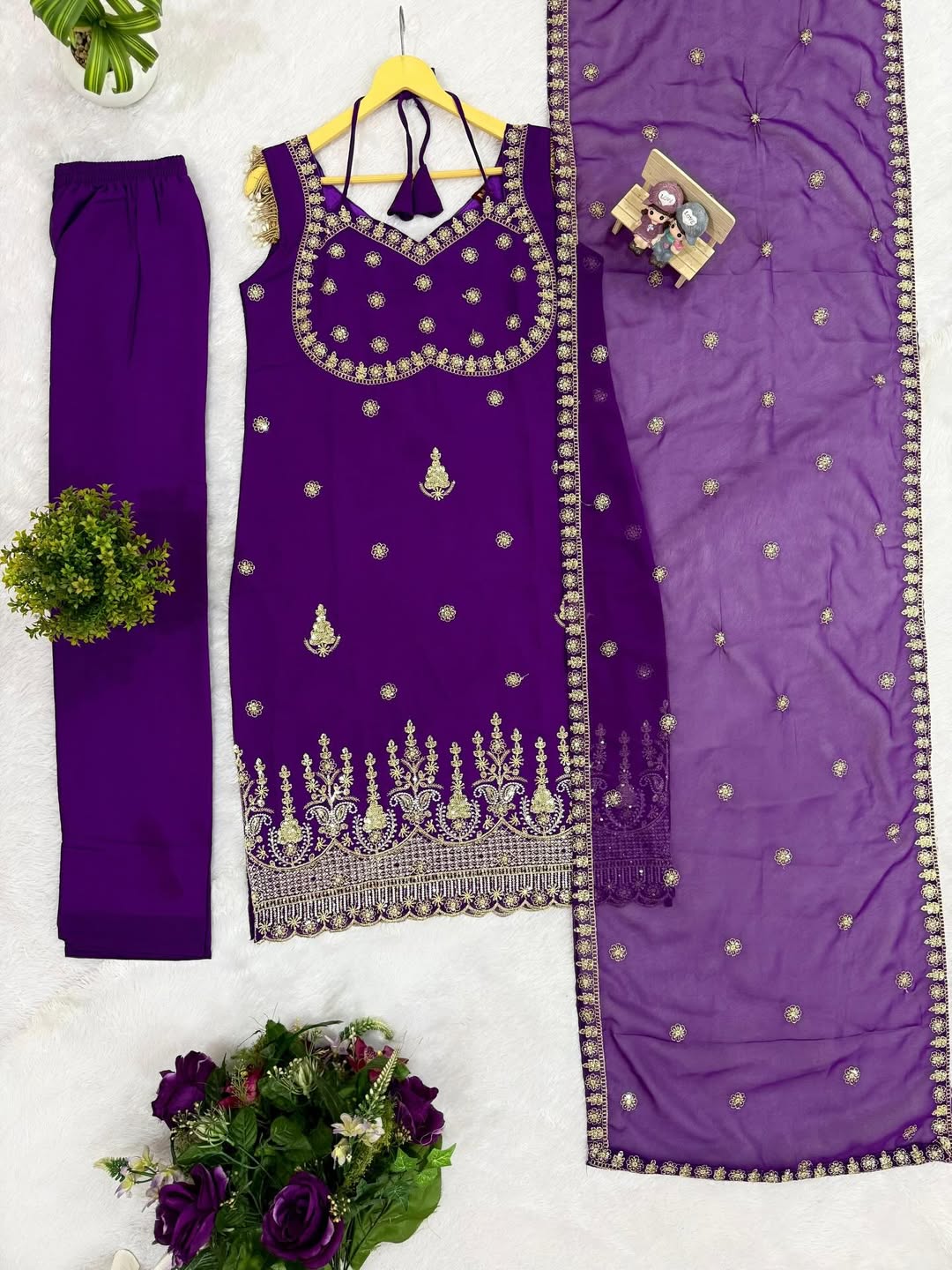 Purple Embroidered Kurti Pant Set with Dupatta | Designer Party & Festive Wear 3-Piece Suit for Women