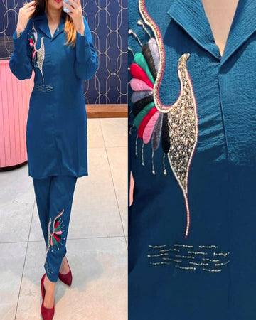 Hand Aari Embroidery Blue Co-Ord set