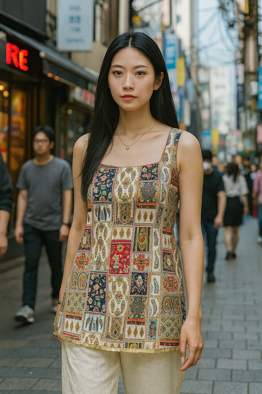 Patchwork Poetry Round Neck Back Dori Kurti