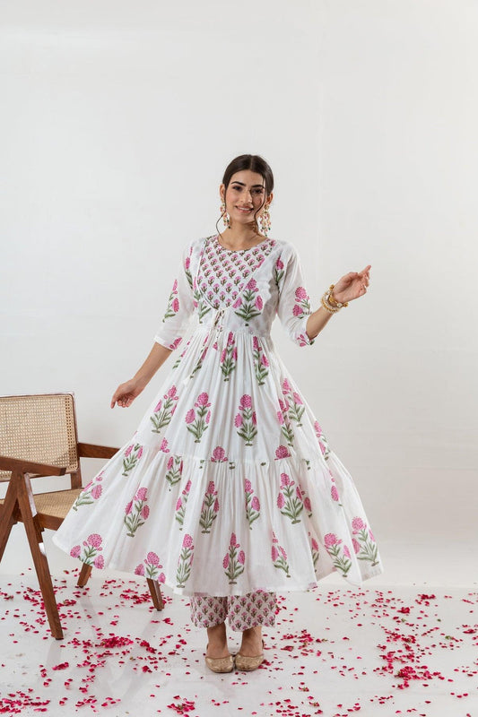 Women's  Hand block printed cotton anarkali kurta pant with dupatta sets