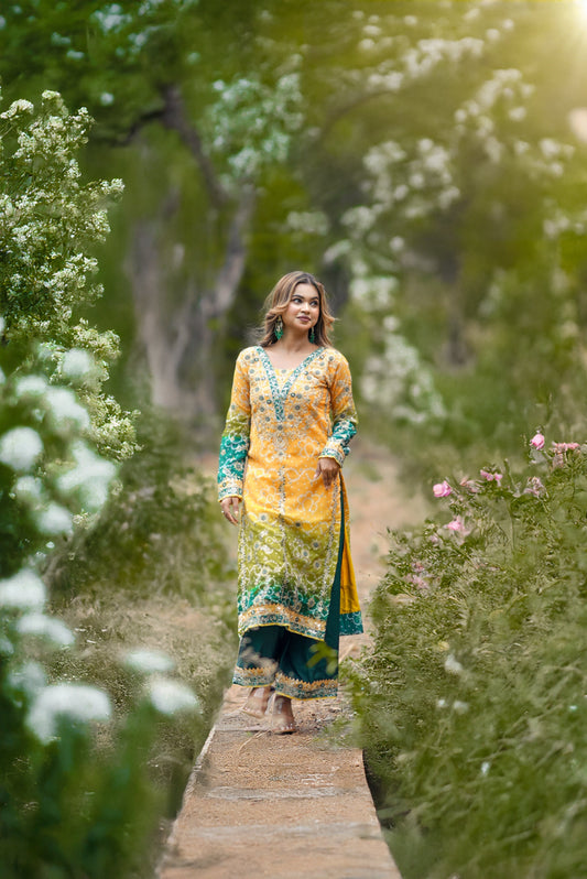 Faux Georgette embroidery work kurta palazzo with dupatta set