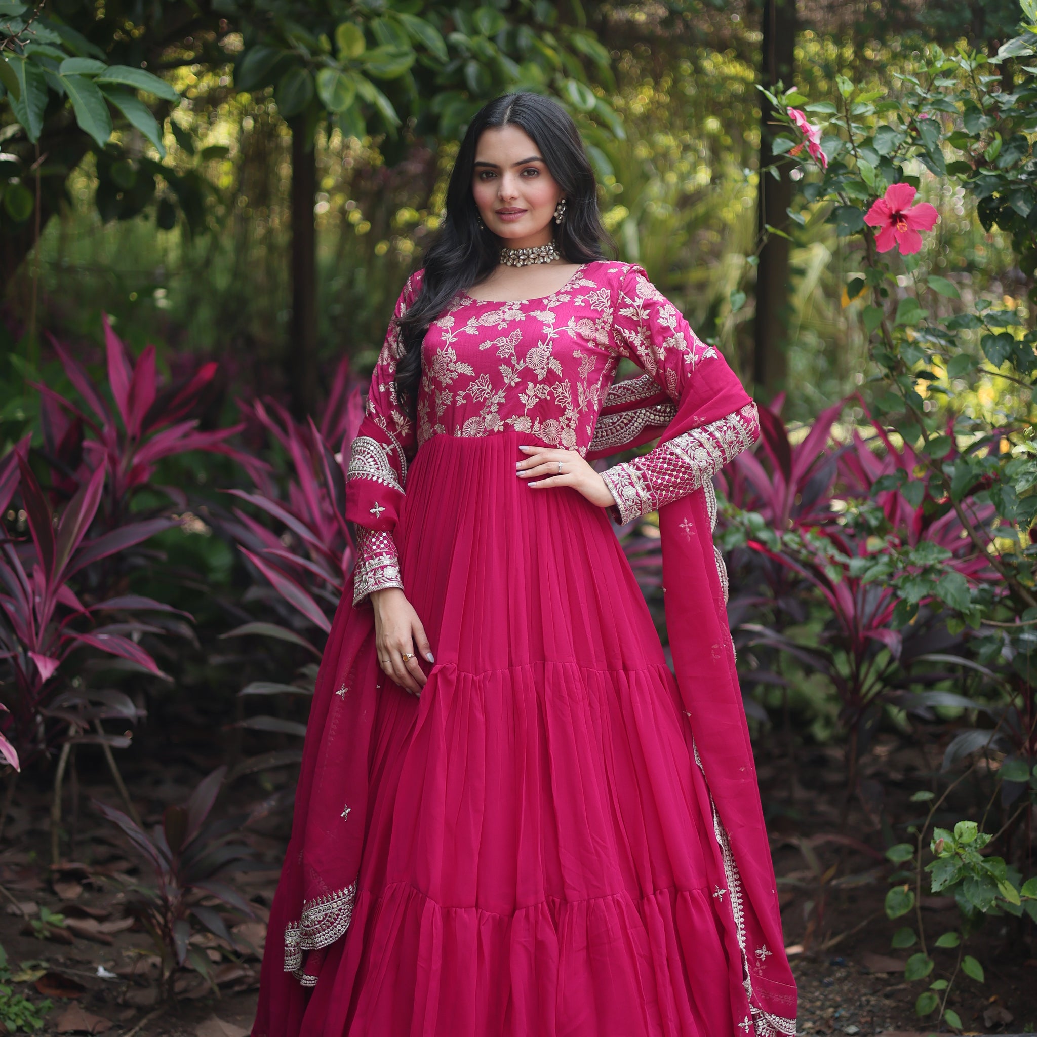 Pink Faux Blooming  Embroidered Cut-Work Gown With Dupatta Set