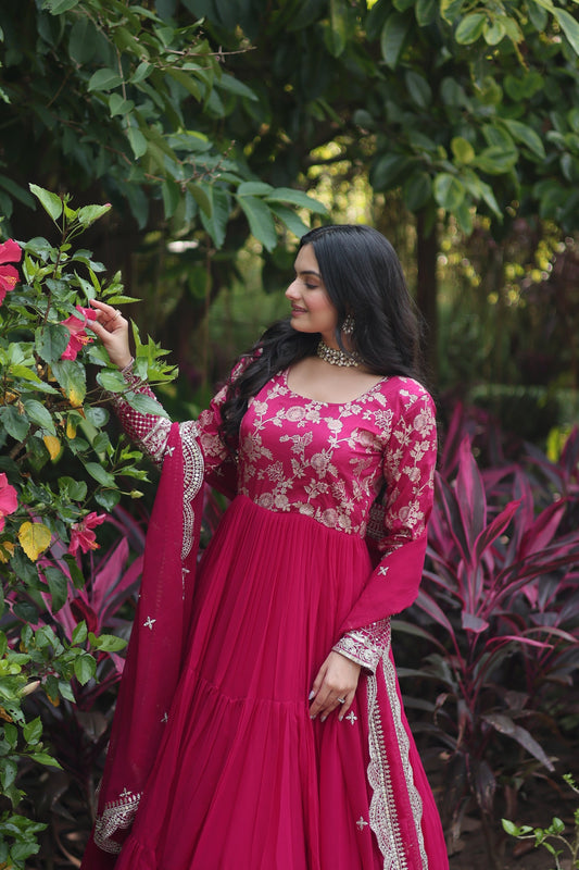 Pink Faux Blooming  Embroidered Cut-Work Gown With Dupatta Set