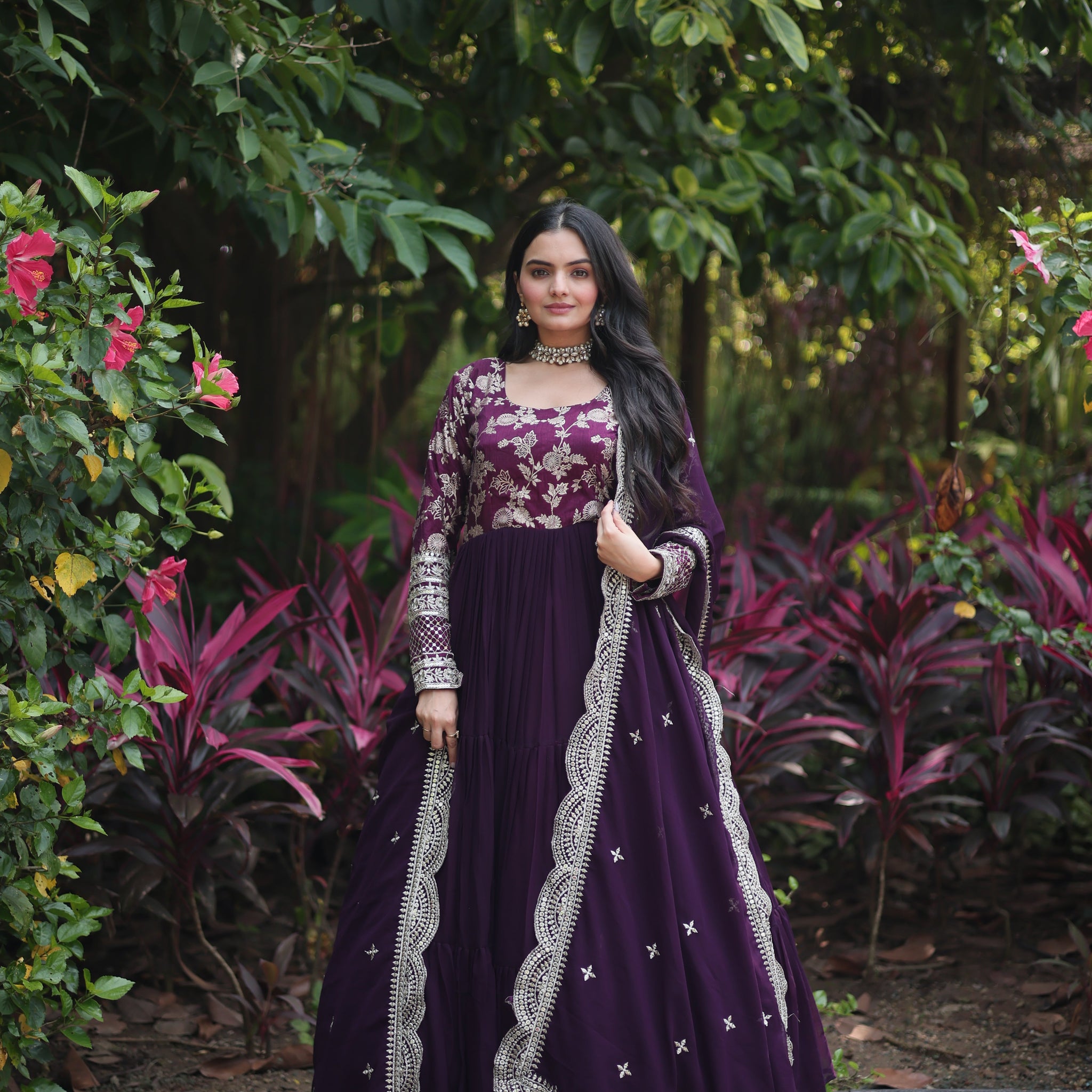 Wine Faux Blooming  Embroidered Cut-Work Gown With Dupatta Set