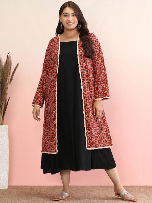 Plus Size Geometric Printed Cotton Anarkali Kurta With Jacket