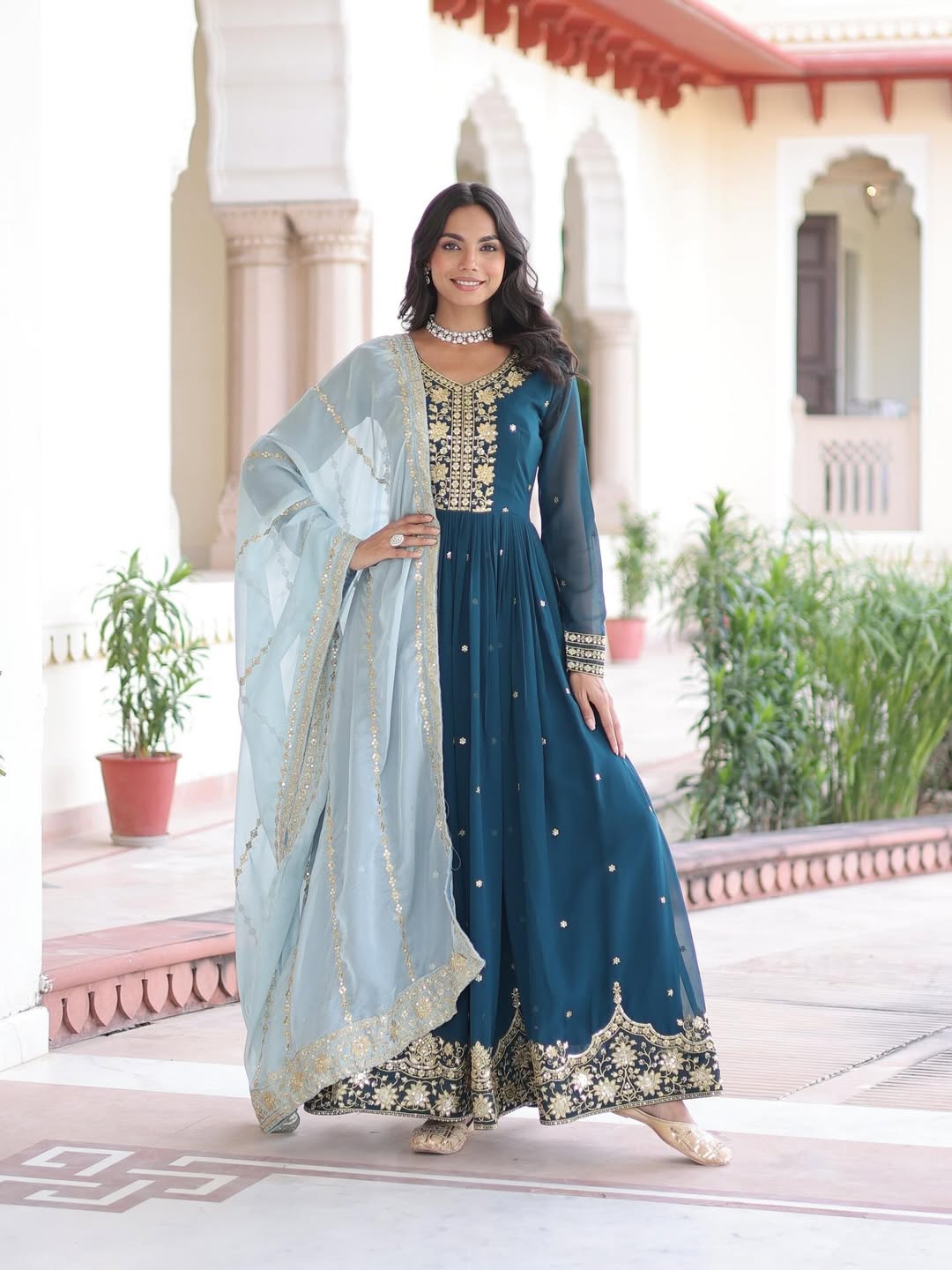 Teal Blue Designer Anarkali Gown with Embroidery & Dupatta | Premium Party & Festive Wear Ethnic Dress for Women