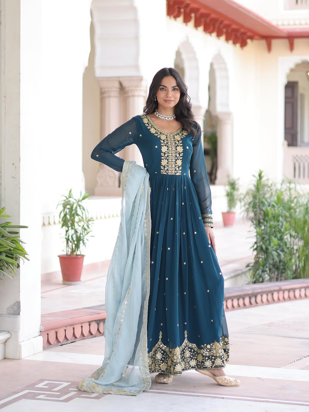 Teal Blue Designer Anarkali Gown with Embroidery & Dupatta | Premium Party & Festive Wear Ethnic Dress for Women