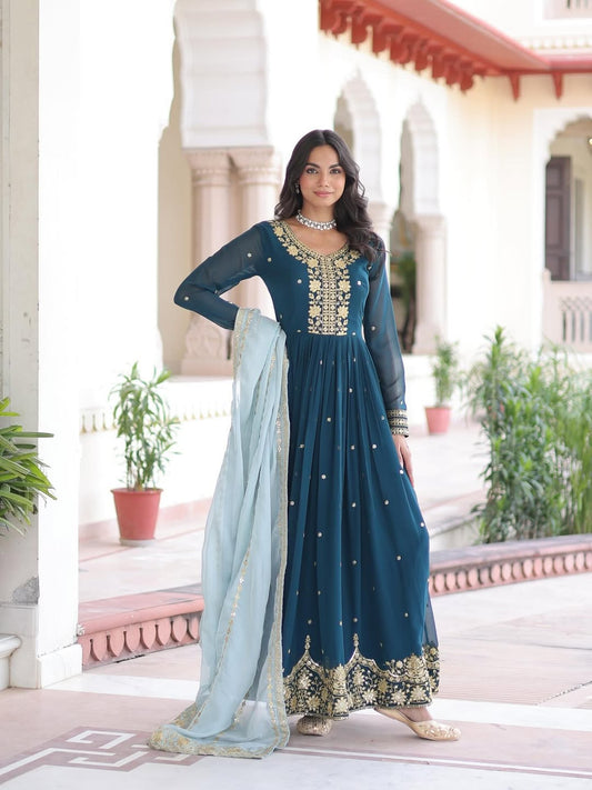 Teal Blue Designer Anarkali Gown with Embroidery & Dupatta | Premium Party & Festive Wear Ethnic Dress for Women