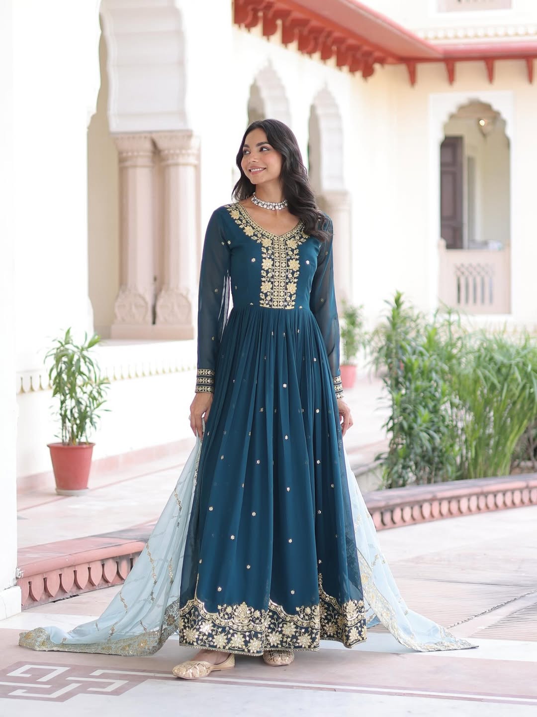 Teal Blue Designer Anarkali Gown with Embroidery & Dupatta | Premium Party & Festive Wear Ethnic Dress for Women