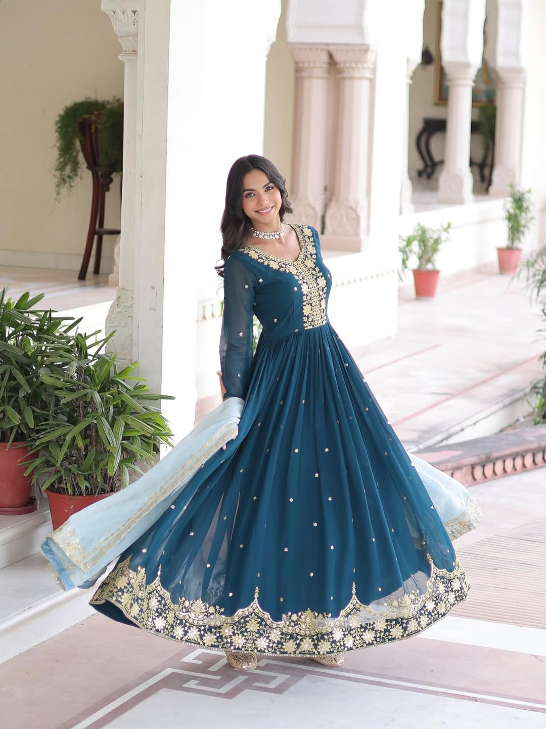 Teal Blue Designer Anarkali Gown with Embroidery & Dupatta | Premium Party & Festive Wear Ethnic Dress for Women