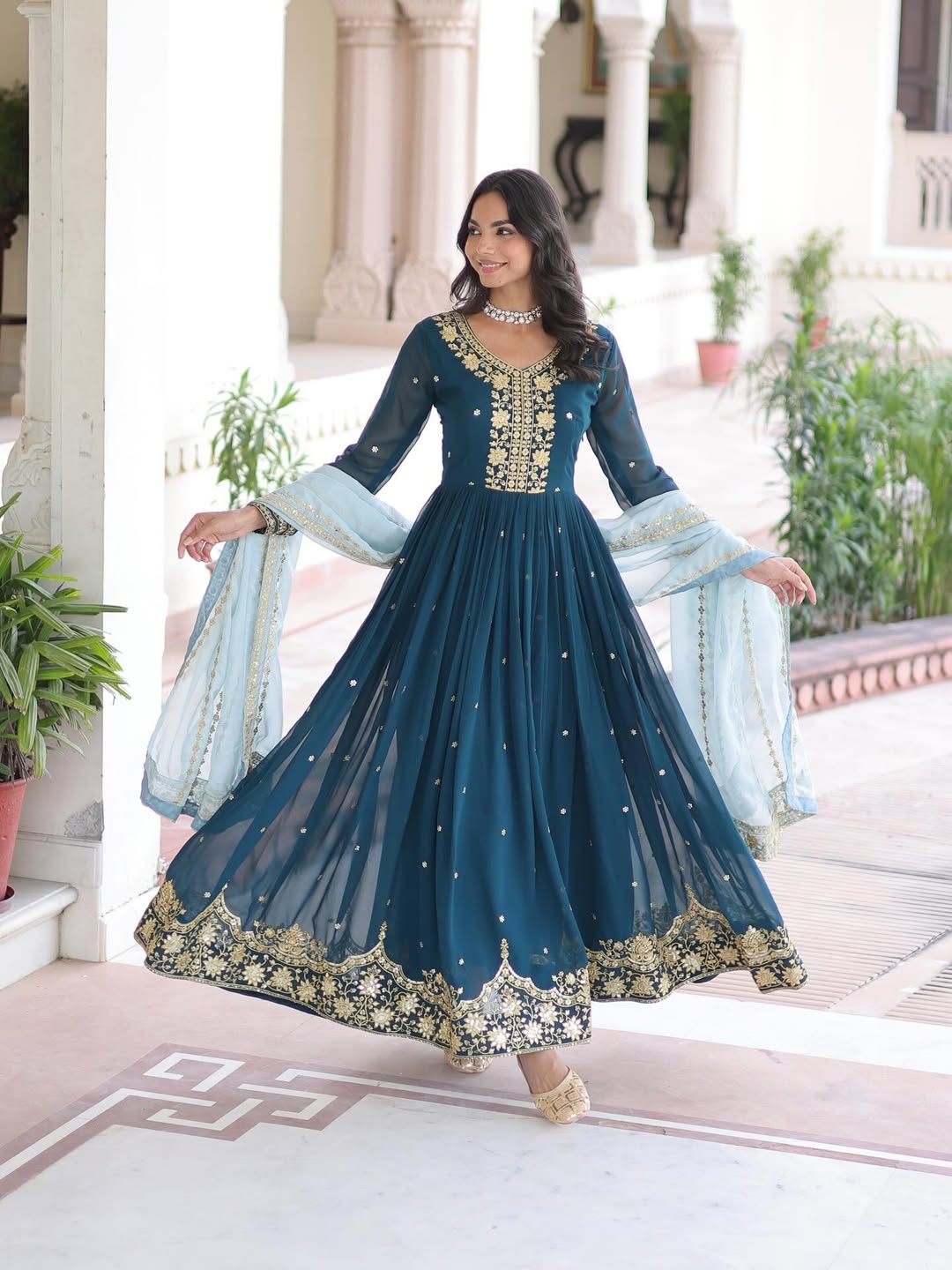Teal Blue Designer Anarkali Gown with Embroidery & Dupatta | Premium Party & Festive Wear Ethnic Dress for Women