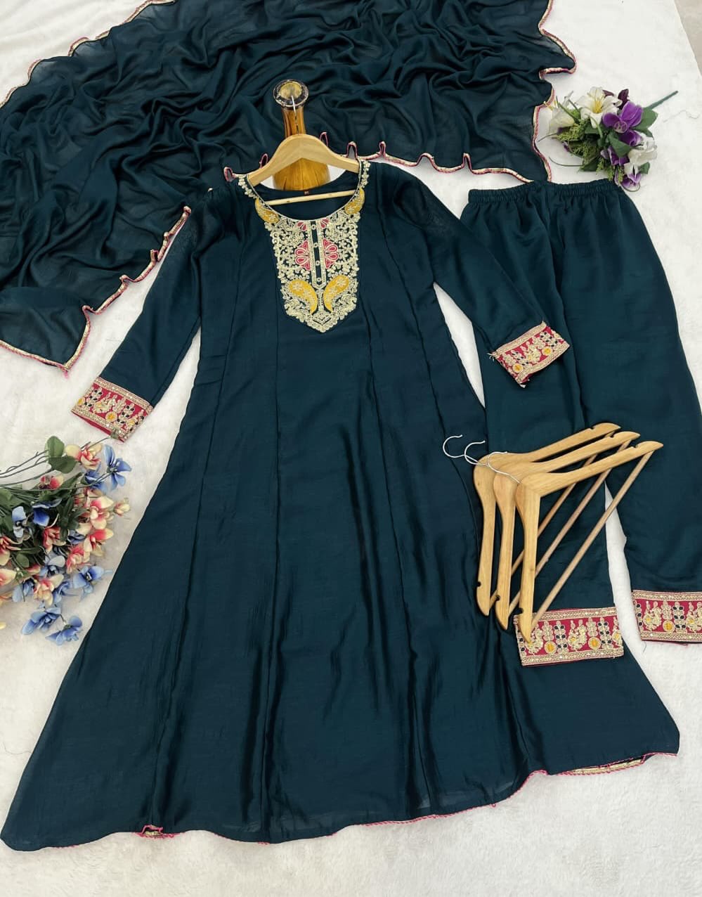 Dark Teal Designer Kurta Pant Dupatta Set with Embroidery | Premium Party & Festive Wear Suit for Women
