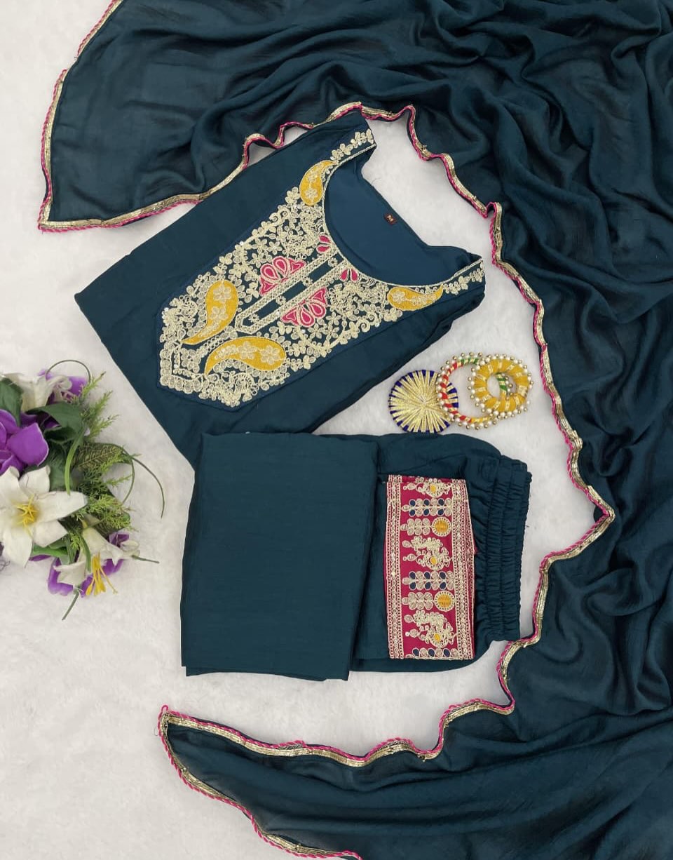 Dark Teal Designer Kurta Pant Dupatta Set with Embroidery | Premium Party & Festive Wear Suit for Women