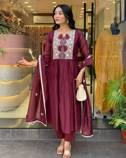 Cotton anarkali kurta set with embroidery and printed mulmul dupatta