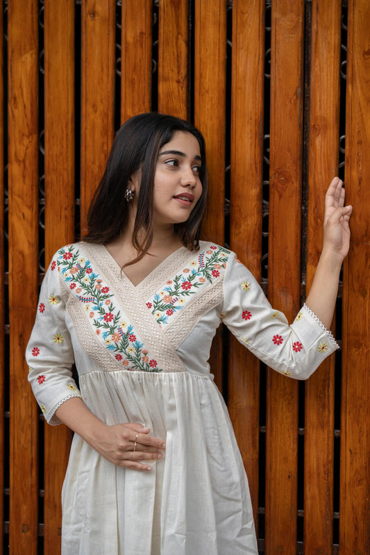 White Cotton gown full embroidered designer kurti