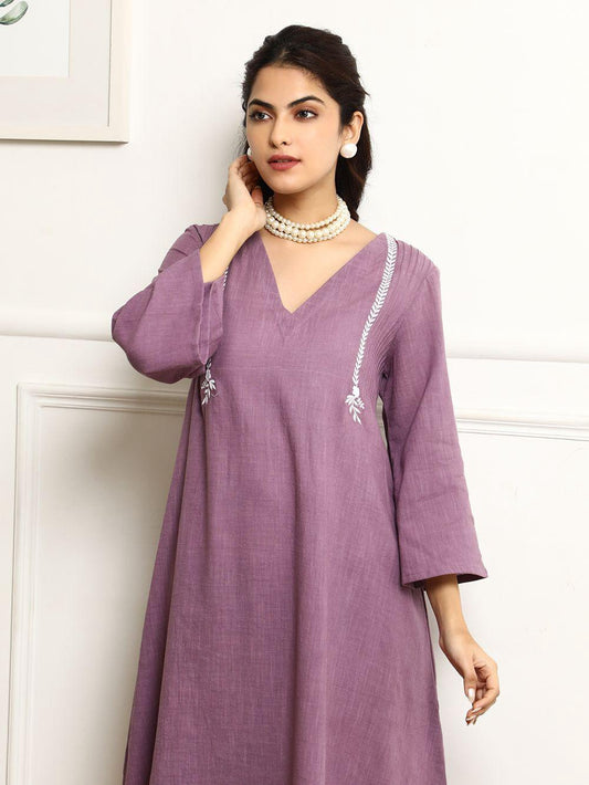 Purple Embroidered Kurti Set with Dupatta
