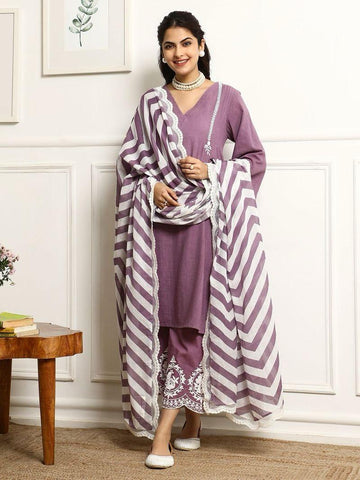 Purple Embroidered Kurti Set with Dupatta