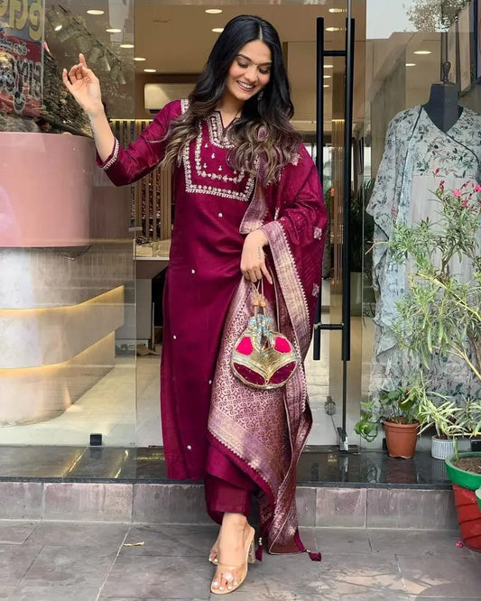 Women's Straight Heavy Embroidery Worked Kurta Pant and Dupatta set