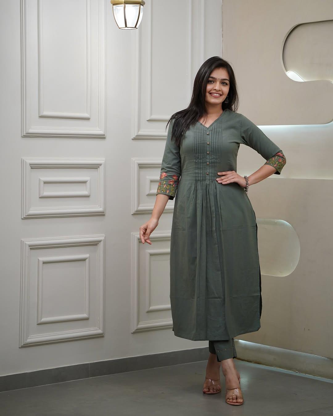 Green Embroidered Cotton Kurta and Pant Set