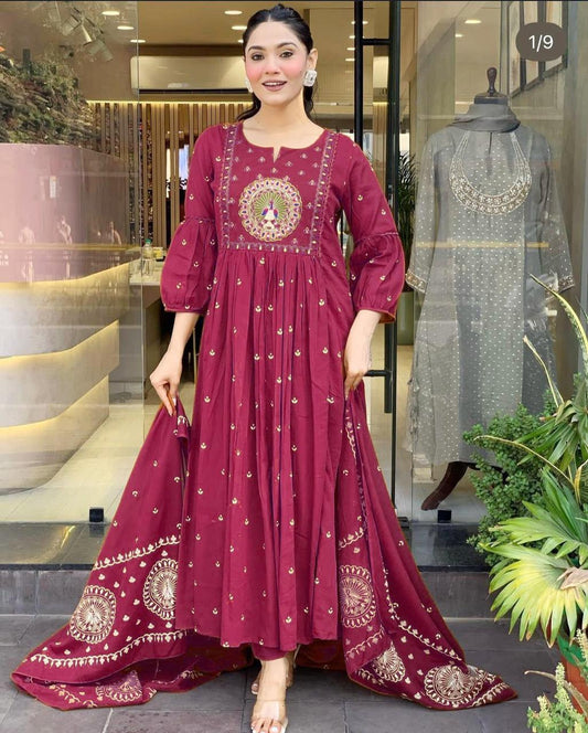 Cotton Anarkali Suit Set with Dupatta – Embroidered & Printed
