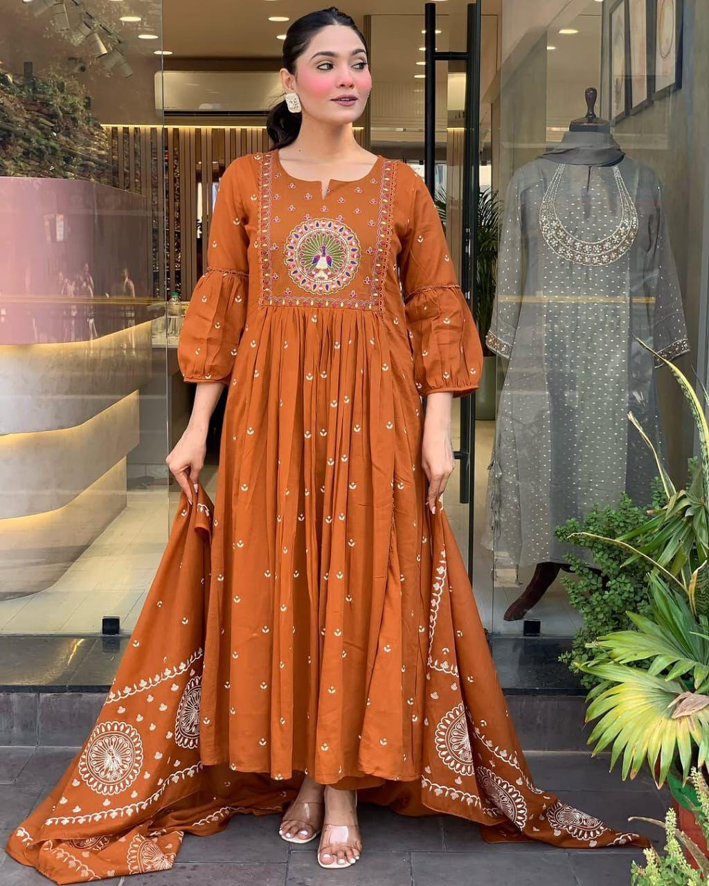 Cotton Anarkali Suit Set with Dupatta – Embroidered & Printed