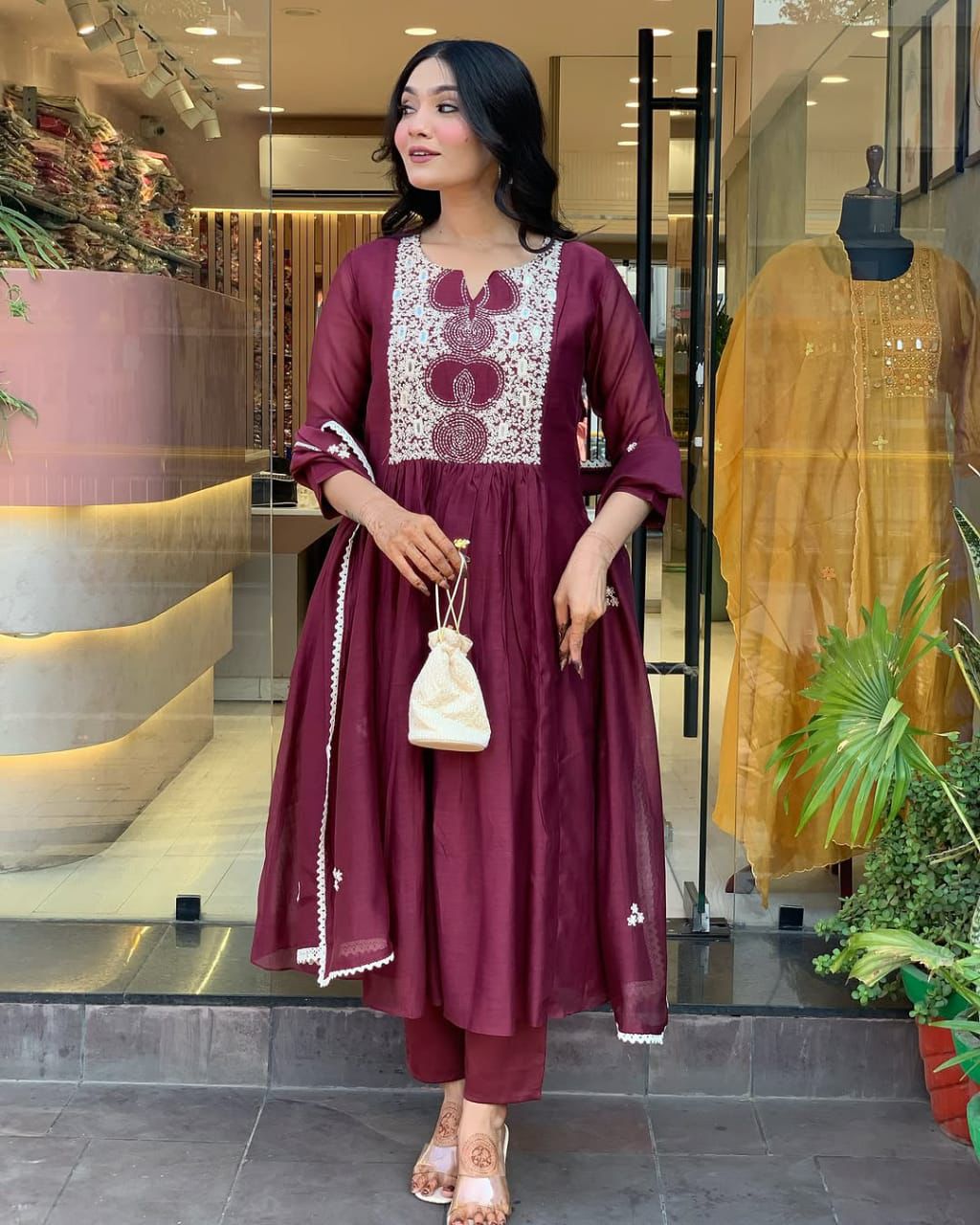 Cotton anarkali kurta set with embroidery and printed mulmul dupatta