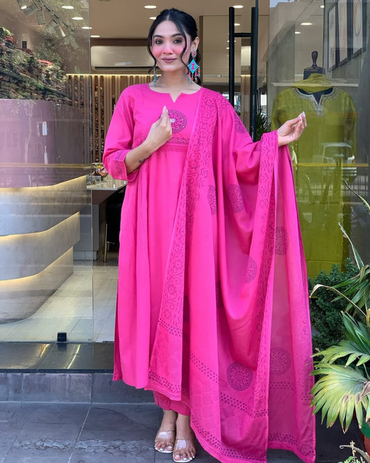 Pink Designer Cotton Kurta Pant with Dupatta Set