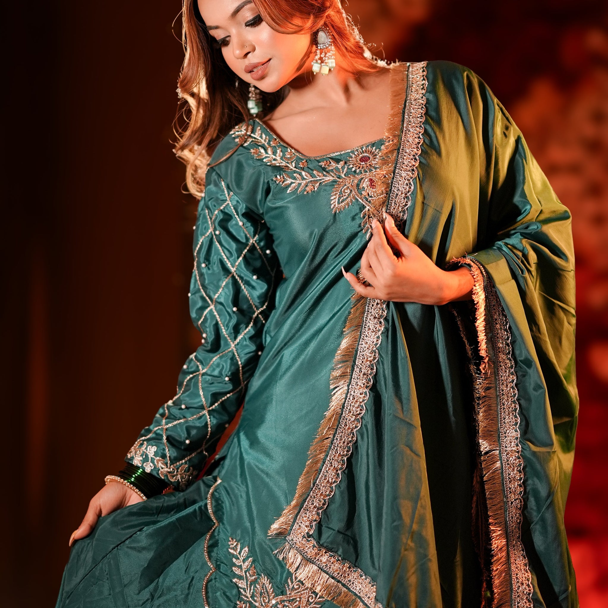 Natural Crep Silk Kurta Lehenga with Dupatta Set