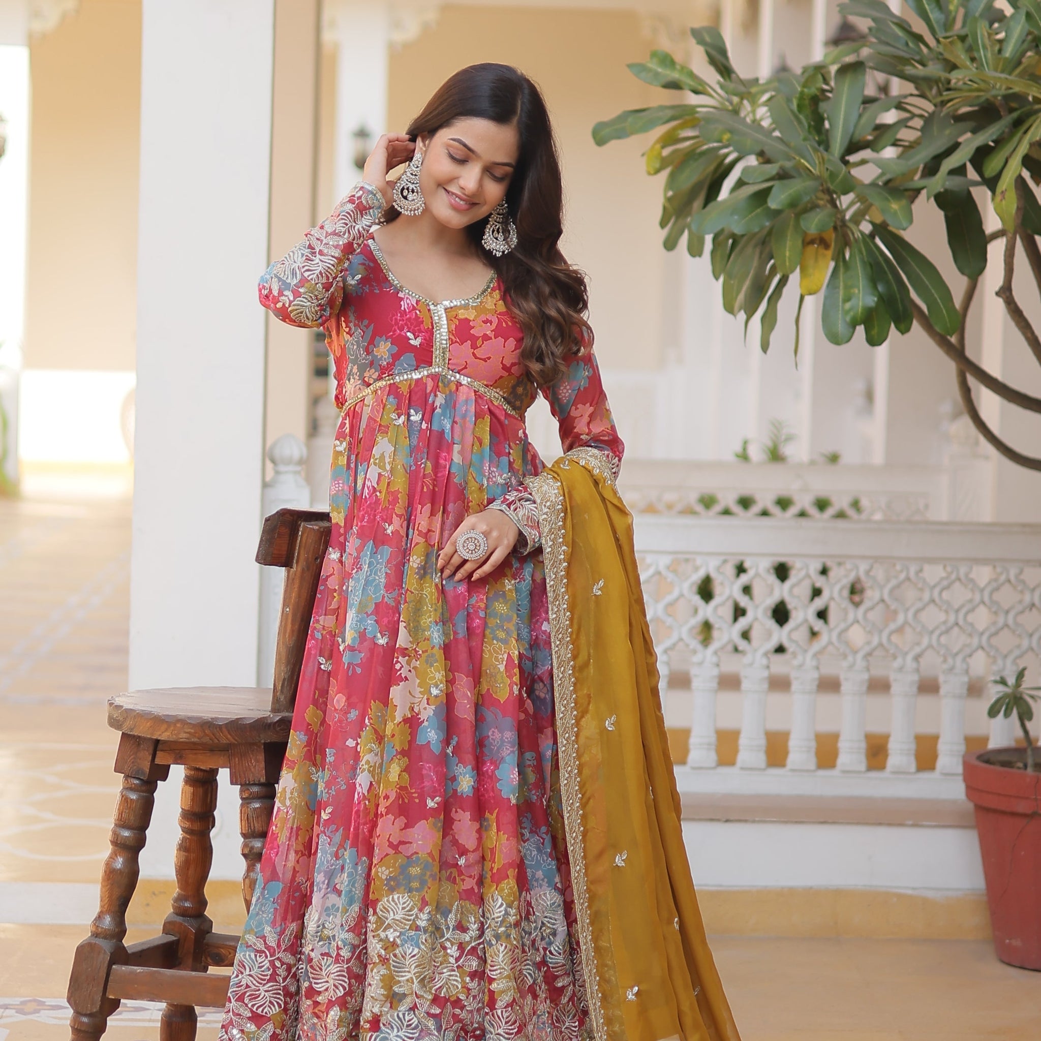 Premium Readymade Red Alia Cut Gown With Dupatta Set