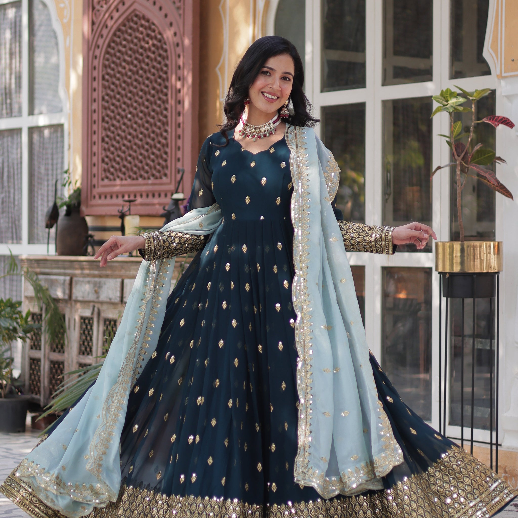 Premium Blue Designer Readymade Zari Gown