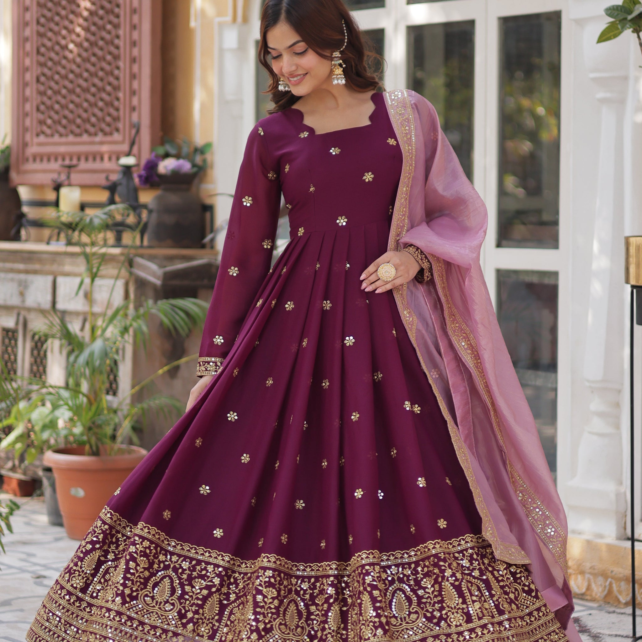 Premium Star Georgette Gown with Embroidery Zari Sequins-work