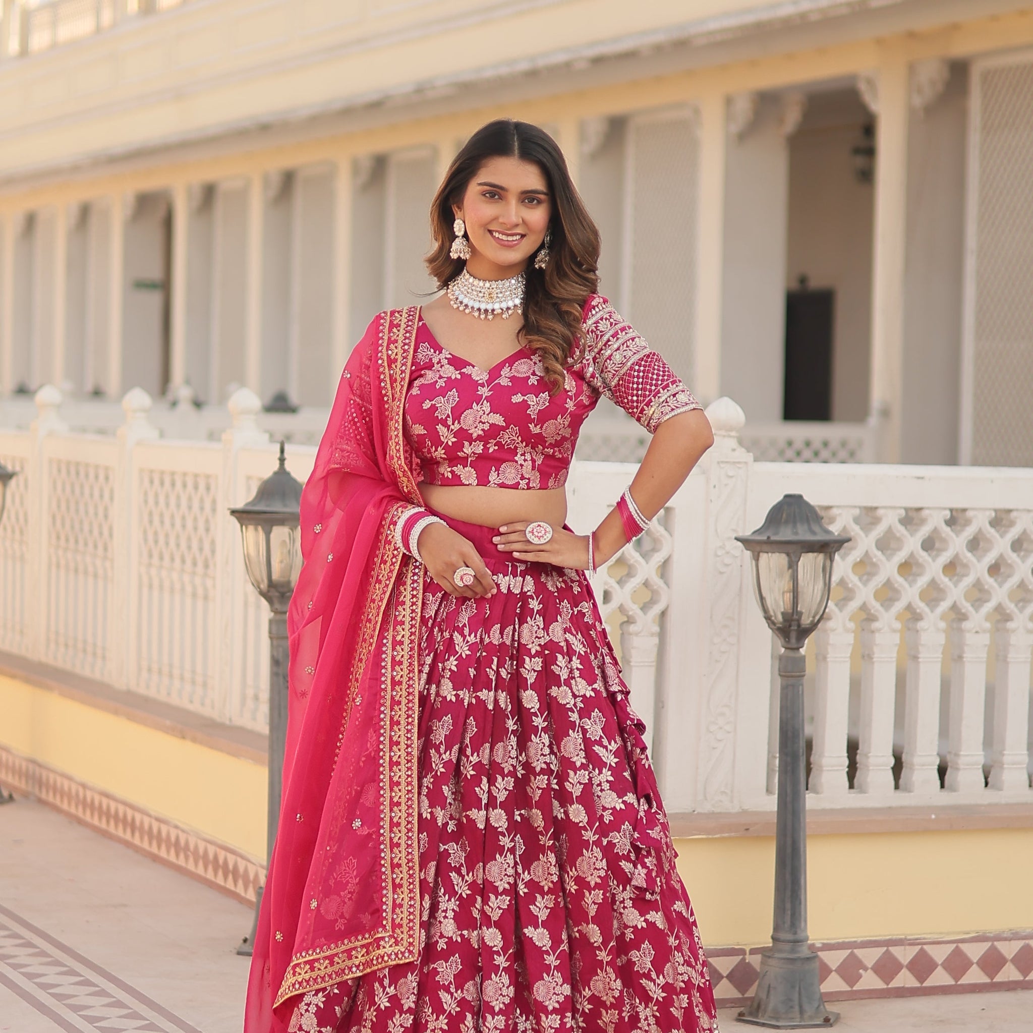 Pink Designer Dyeable Pure Viscose Jacquard fabric Lehenga Choli & Dupatta Set