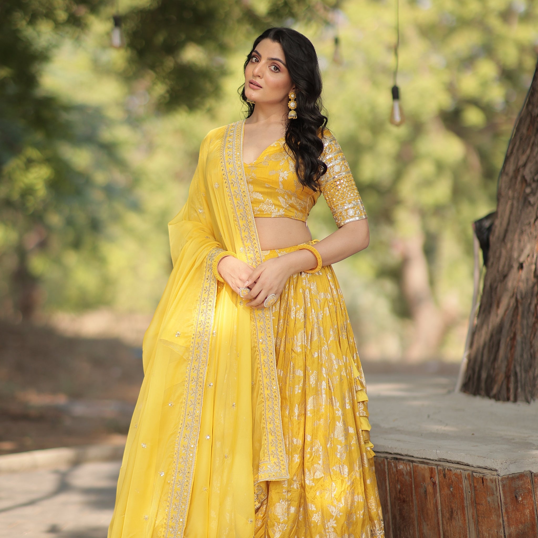 Yellow Designer Dyeable Pure Viscose Jacquard fabric Lehenga Choli & Dupatta Set