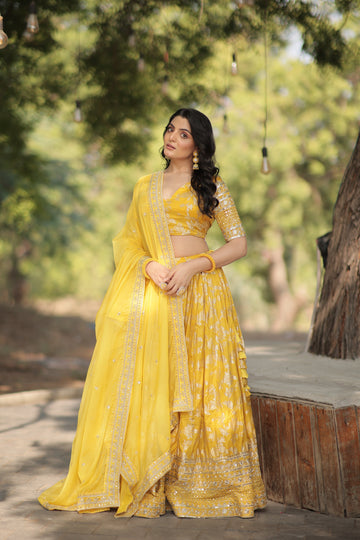 Yellow Designer Dyeable Pure Viscose Jacquard fabric Lehenga Choli & Dupatta Set