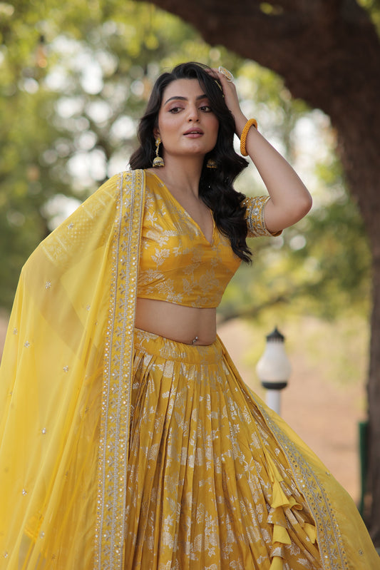Yellow Designer Dyeable Pure Viscose Jacquard fabric Lehenga Choli & Dupatta Set