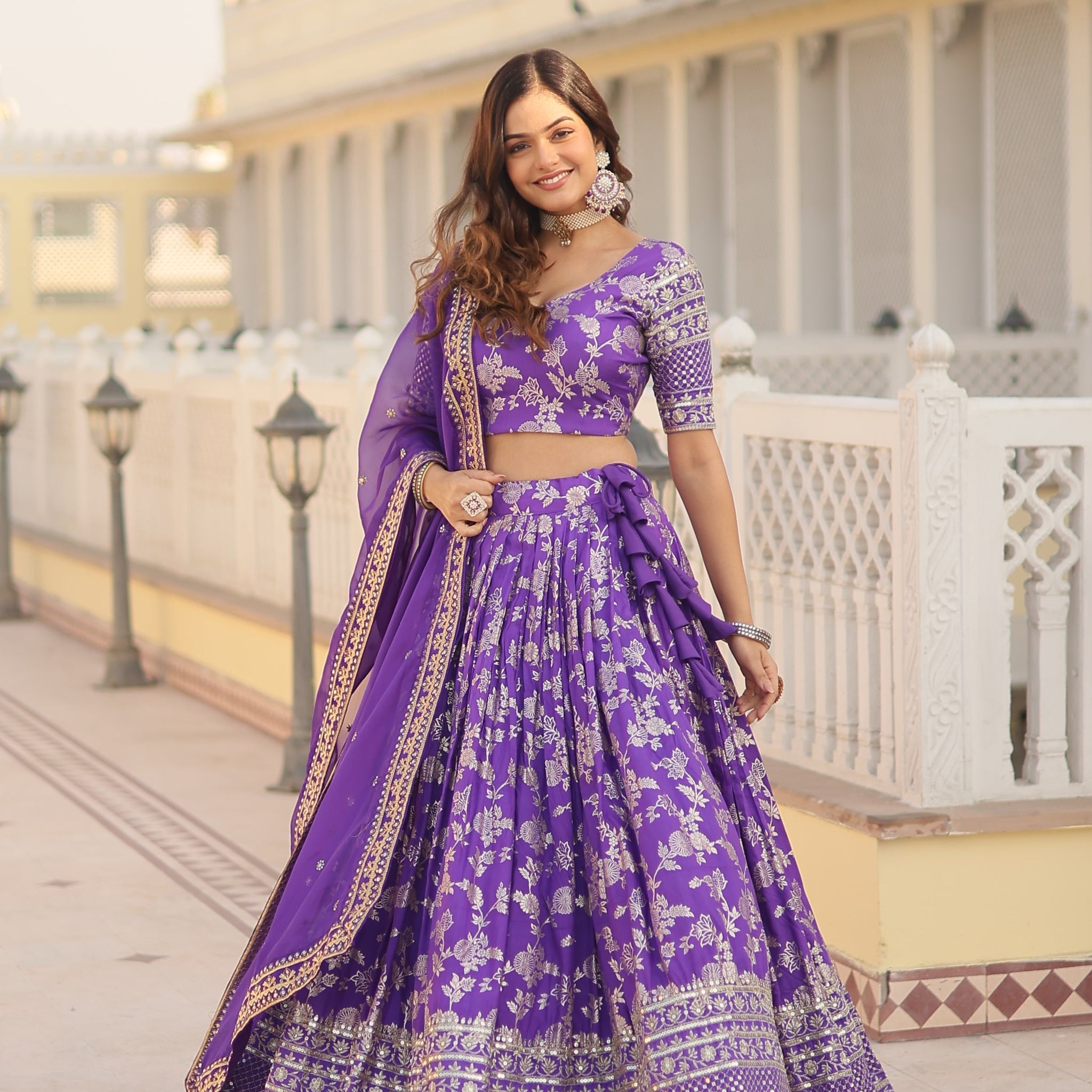 Purple Designer Dyeable Pure Viscose Jacquard fabric Lehenga Choli & Dupatta Set