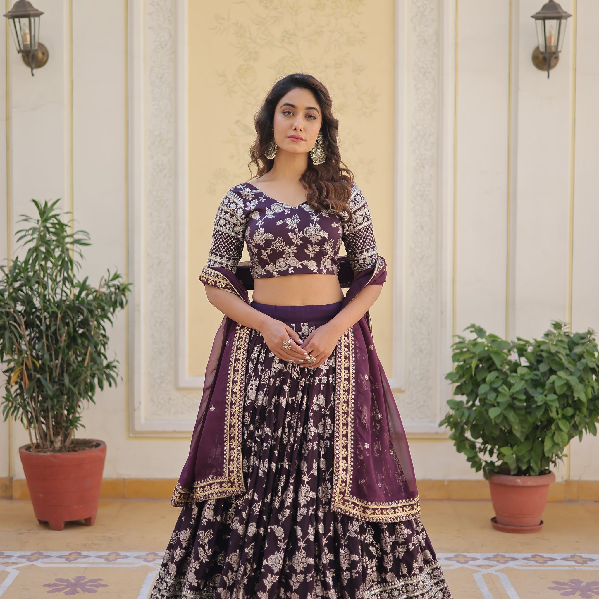 Wine Designer Dyeable Pure Viscose Jacquard fabric Lehenga Choli & Dupatta Set