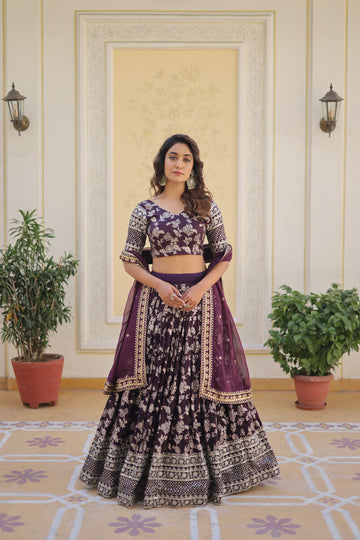 Wine Designer Dyeable Pure Viscose Jacquard fabric Lehenga Choli & Dupatta Set