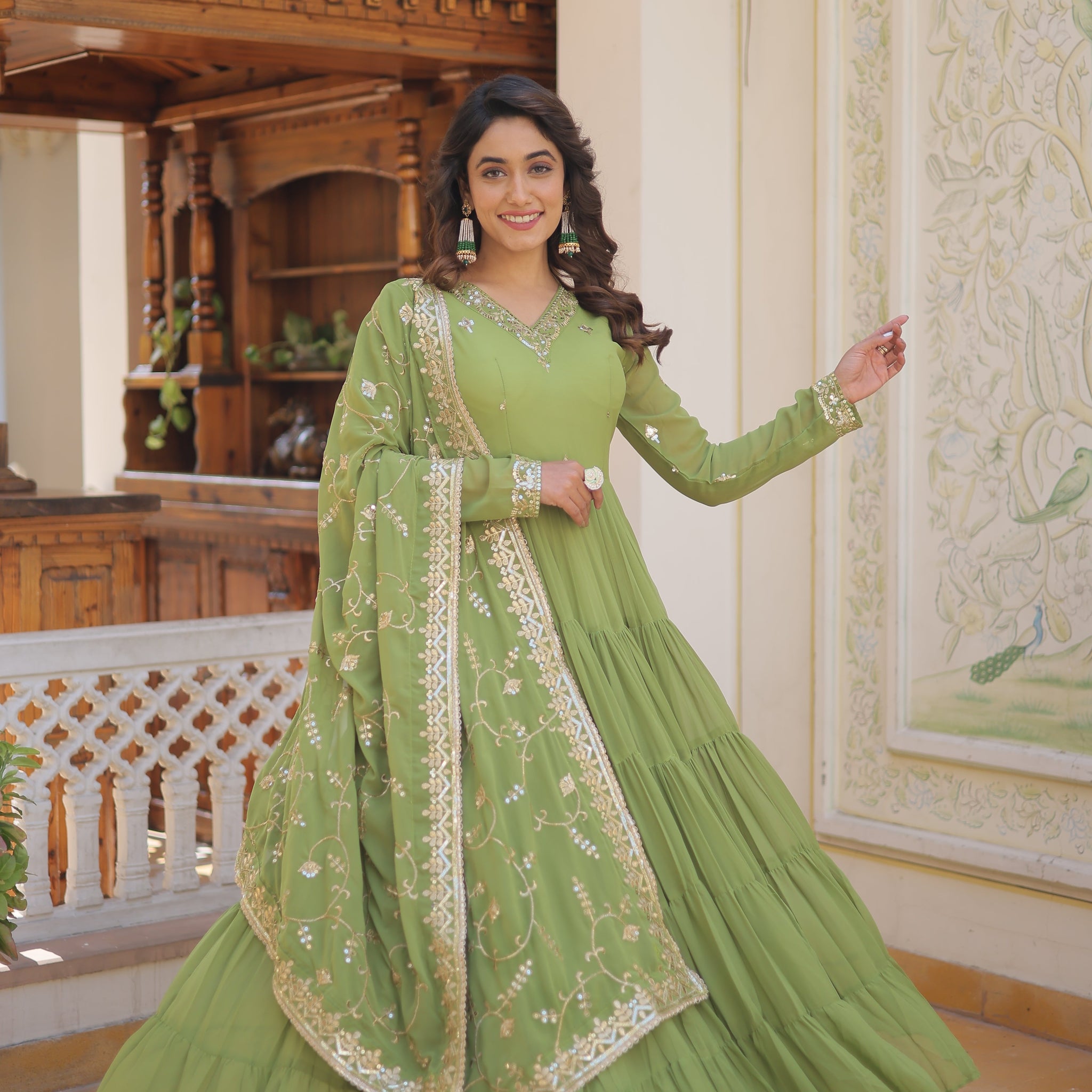 Green Women's Designer Gown With Dupatta Sets