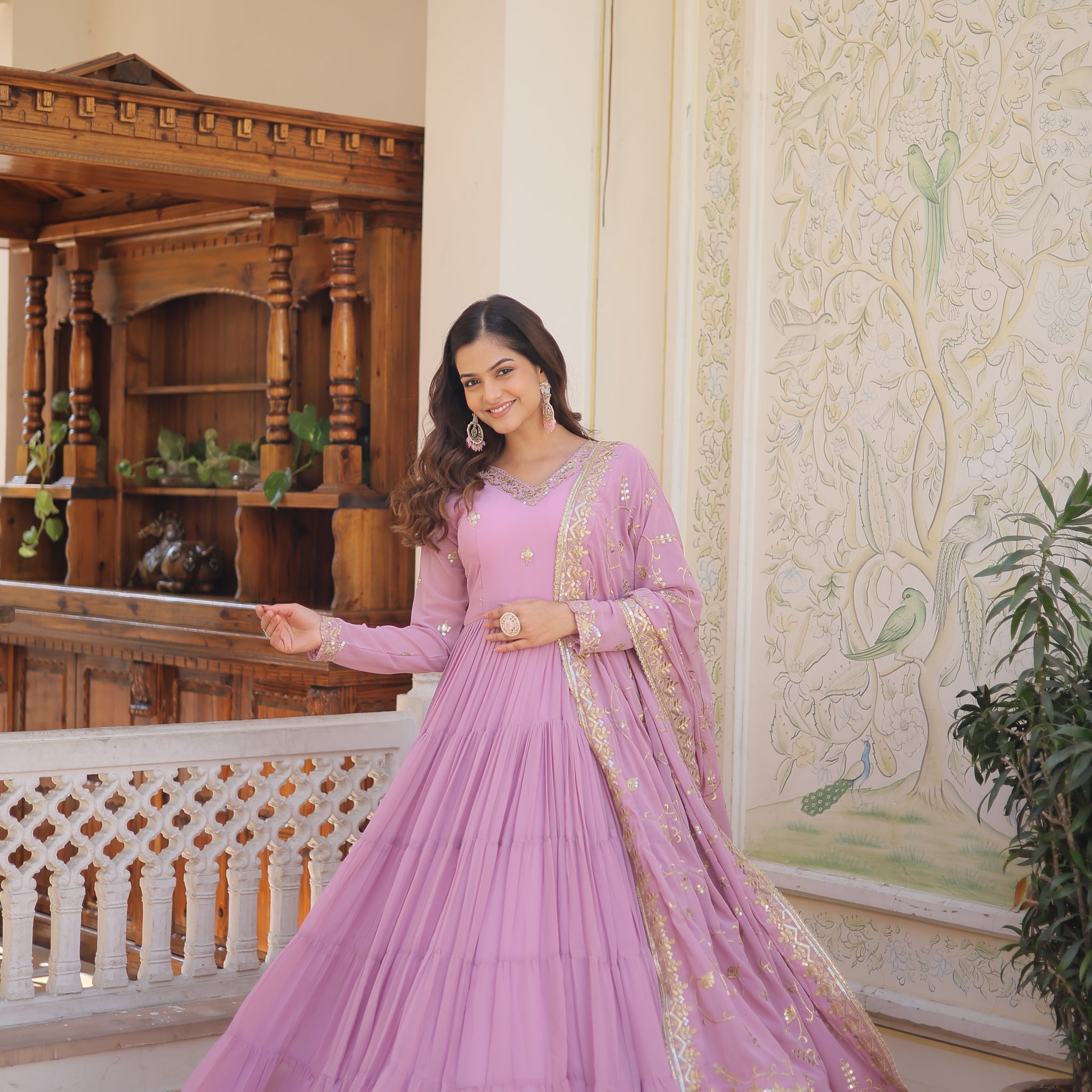 Purple Women's Designer Gown With Dupatta Sets