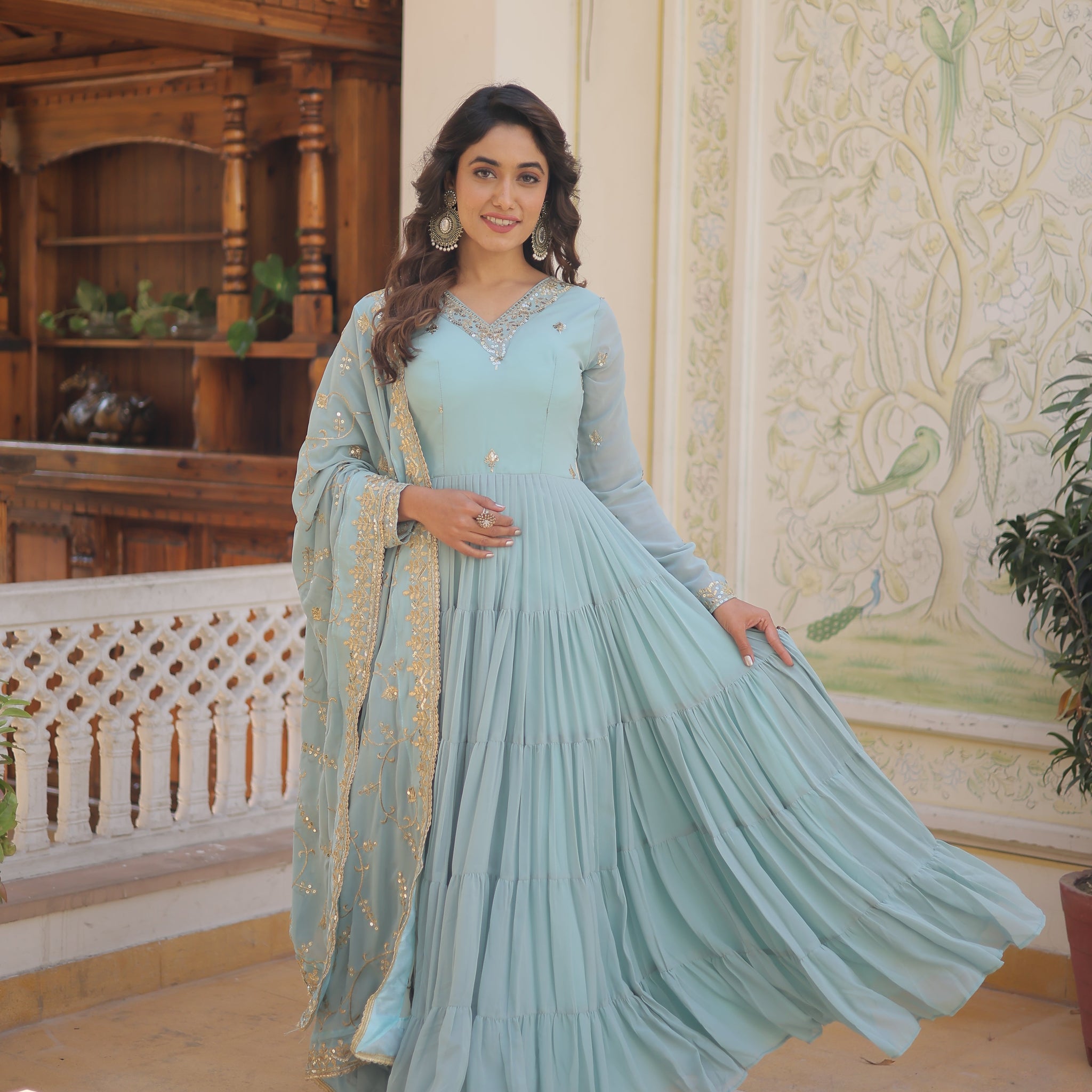 Sky Women's Designer Gown With Dupatta Sets